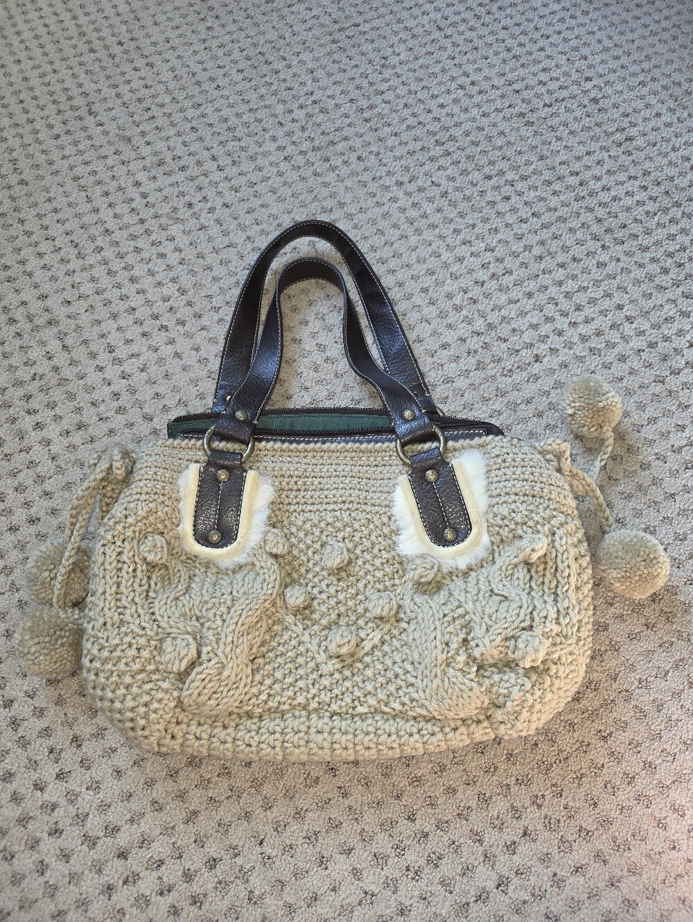 Luana Italian Cream Hand-Knit Pom-Pom Tote Bag with Dark Leather Handle